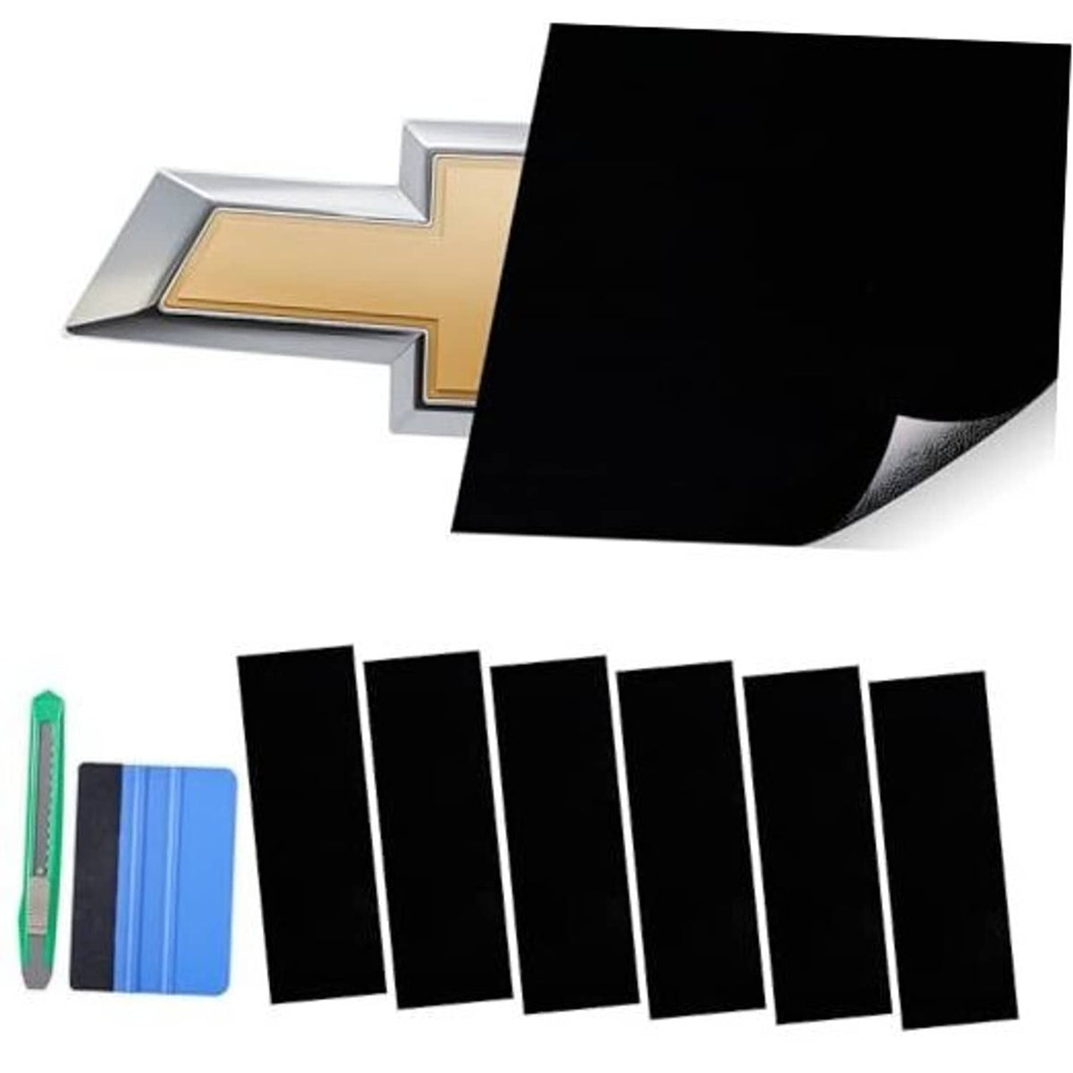 High-gloss black vinyl wrap panels for vehicle emblem, including bowtie shape piece.