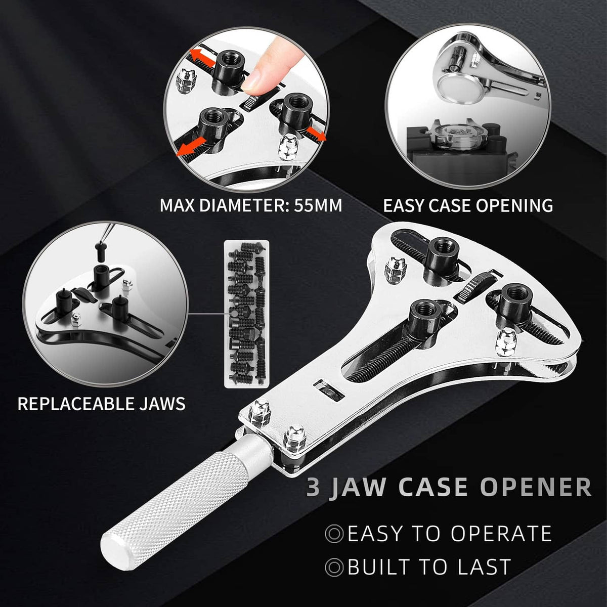 3-jaw watch case opener tool with replaceable jaws and textured grip handle.