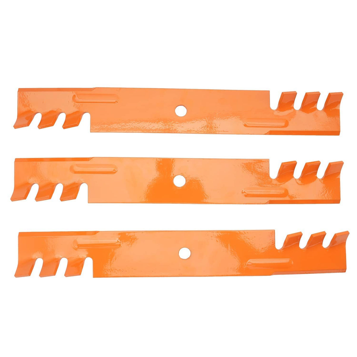 Three orange deck mower blades laid flat, steel replacement with holes and teeth