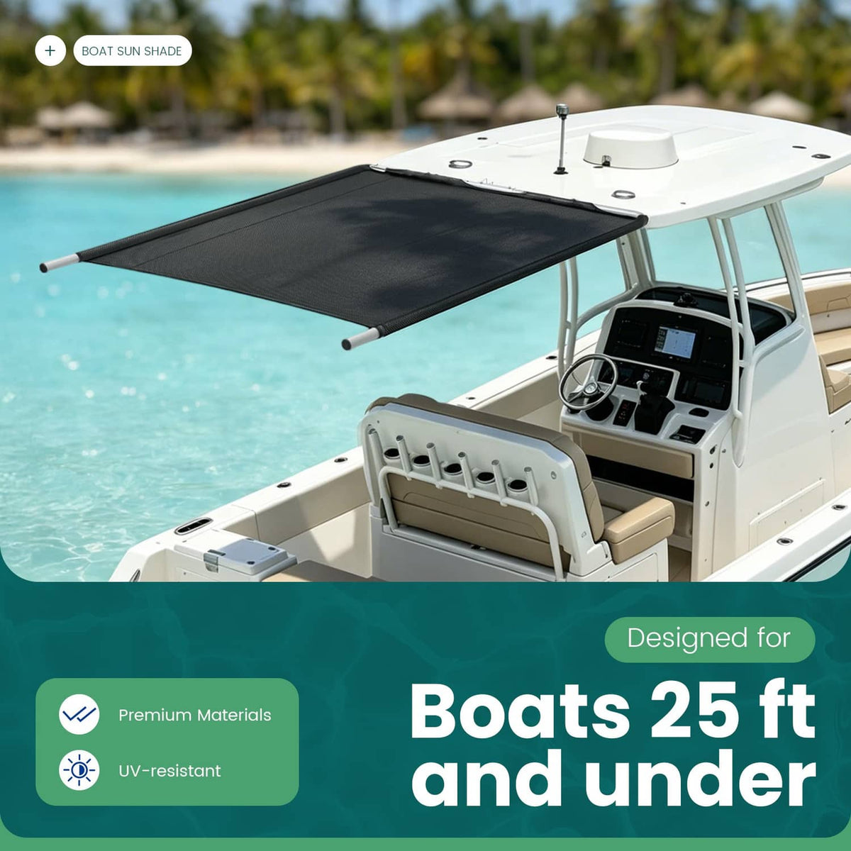 Black mesh boat sun shade mounted on a boat deck with aluminum support bars