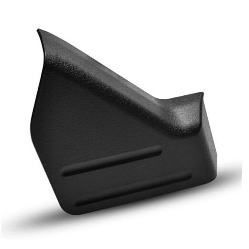 Black front passenger seat trim cover with vent slots and contoured edge