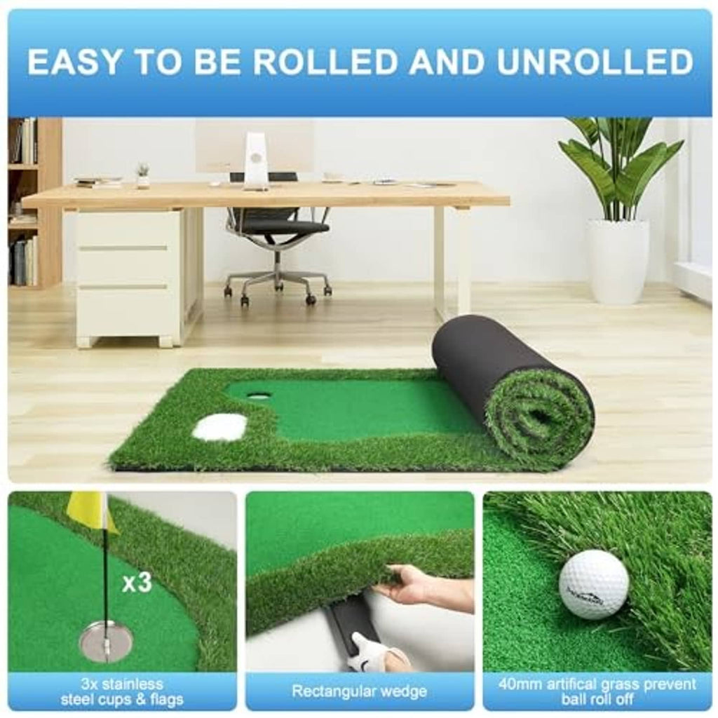 Rolled green golf putting mat on a floor with a wedge piece beside it