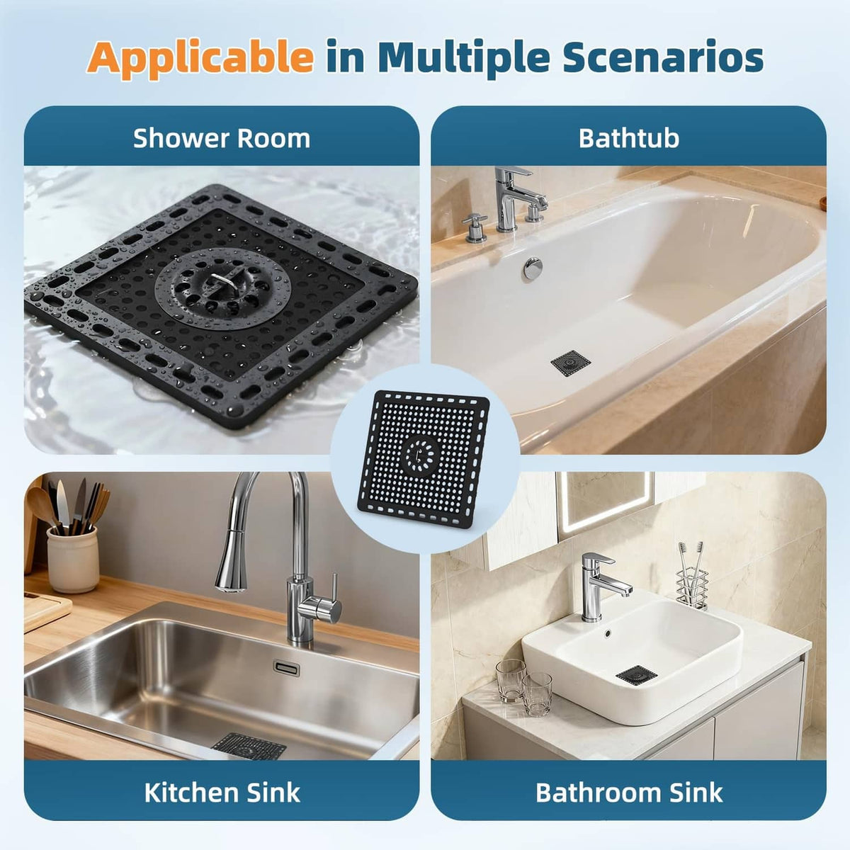 Matte black square shower drain hair catcher with circular strainer center on tile