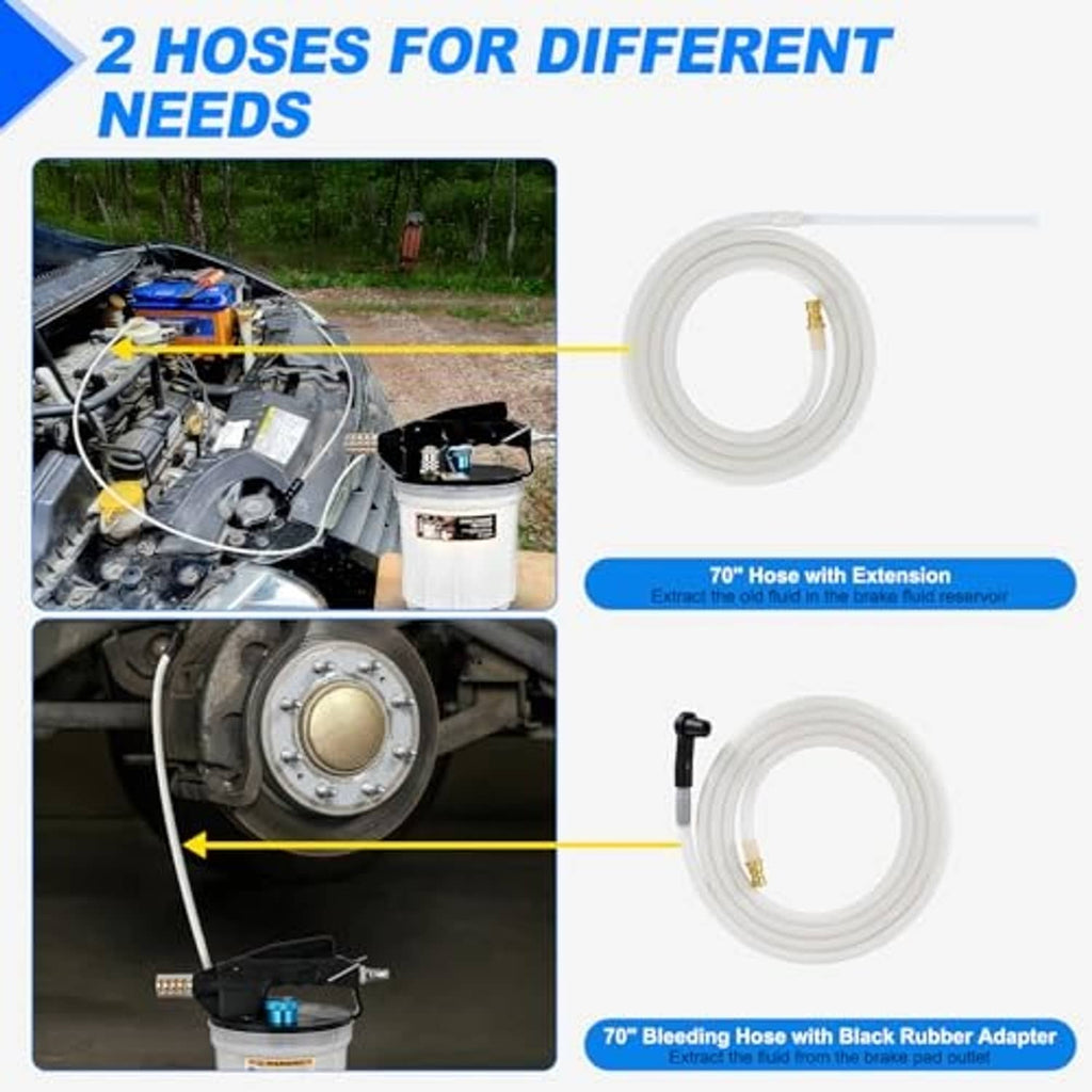 Brake bleeder kit with two clear hoses and black rubber adapter for fluid extraction