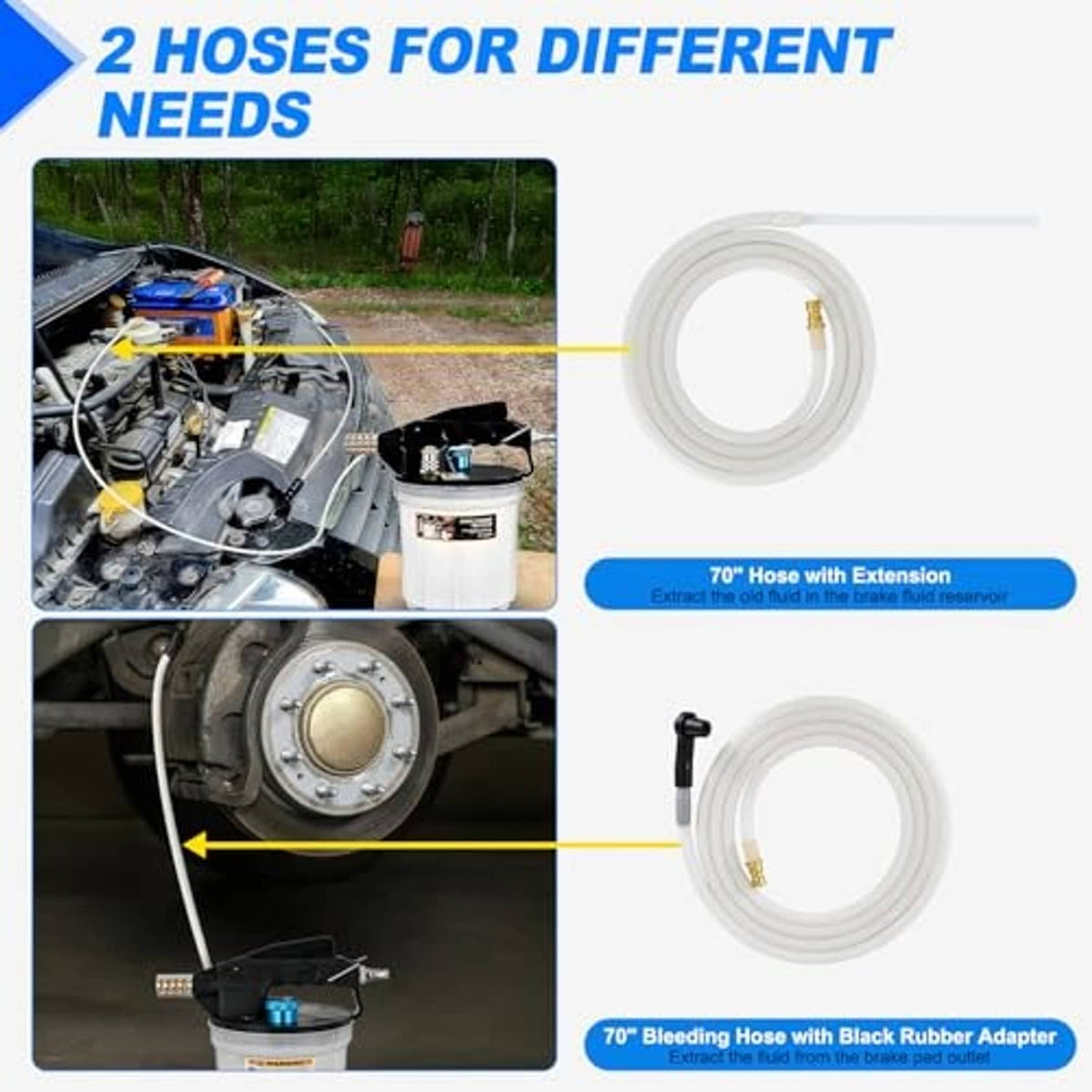 Brake bleeder kit with two clear hoses and black rubber adapter for fluid extraction