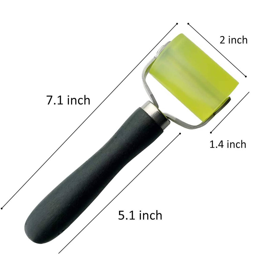 Rubber seam roller size diagram, black handle with lime-green roller head