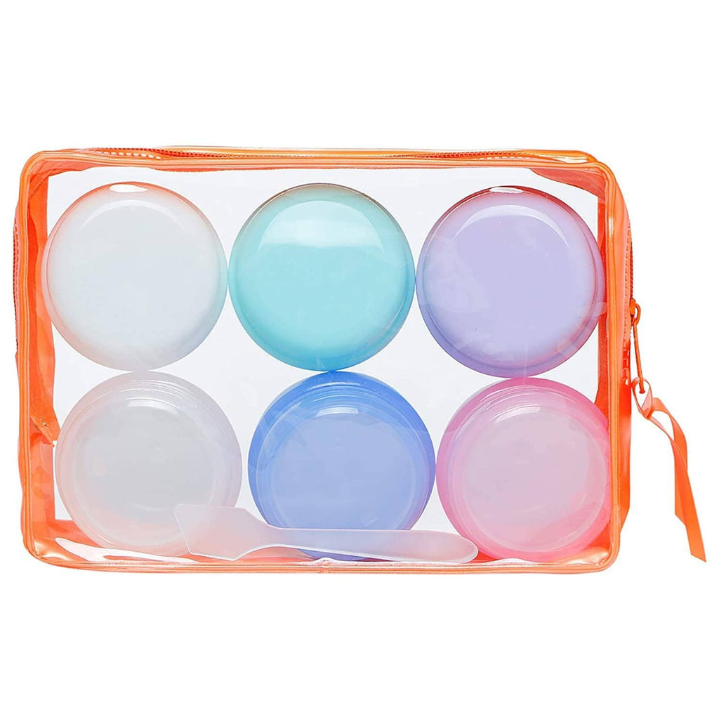 Travel pouch with clear front holding six pastel 1 oz plastic toiletry jars