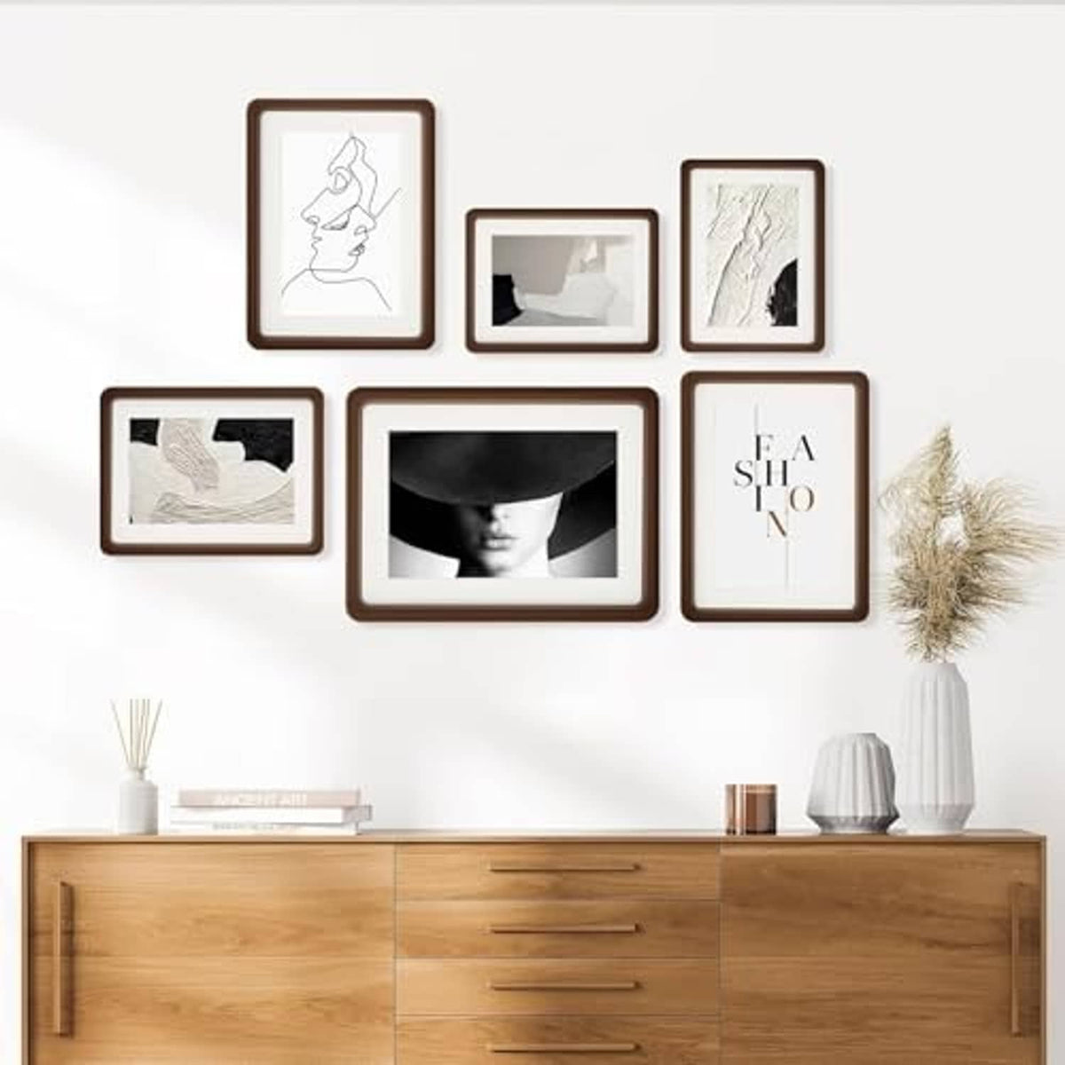 Wall display set of walnut wood photo frames with multiple white mat inserts