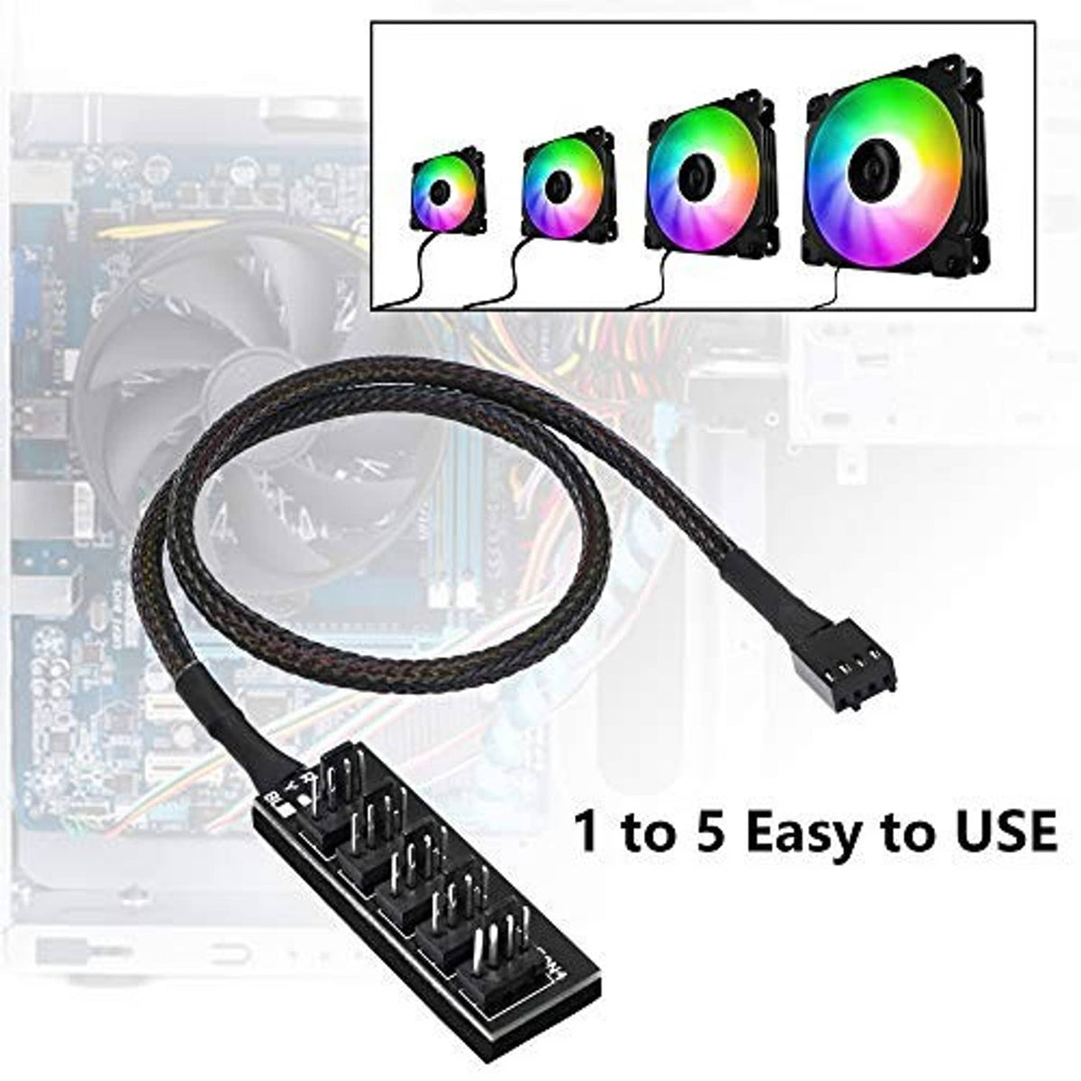 Black 4-pin PWM fan hub splitter cable with braided leads and a 1-to-5 fan header board