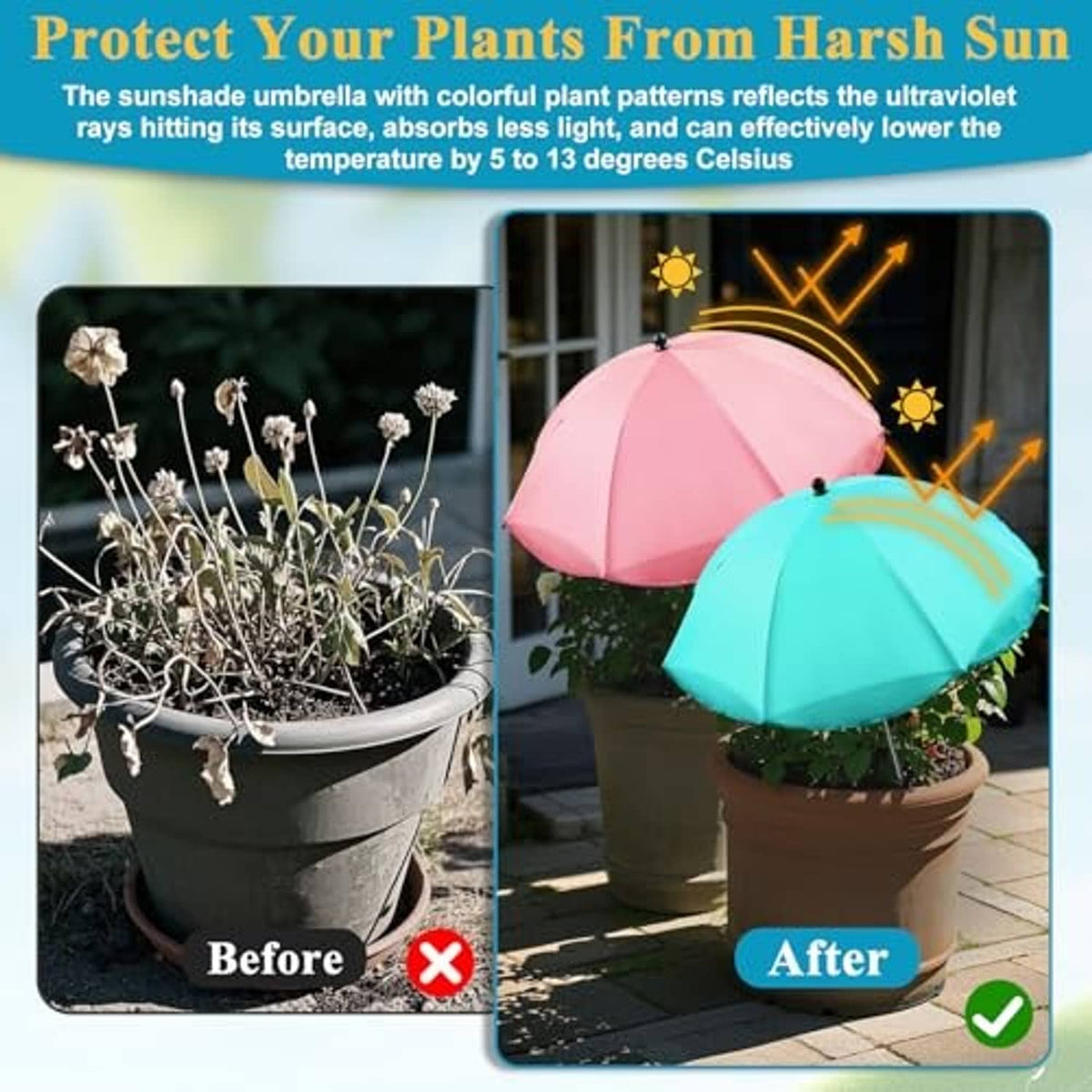 Two adjustable plant sunshade umbrellas, pink and teal, placed over potted plants