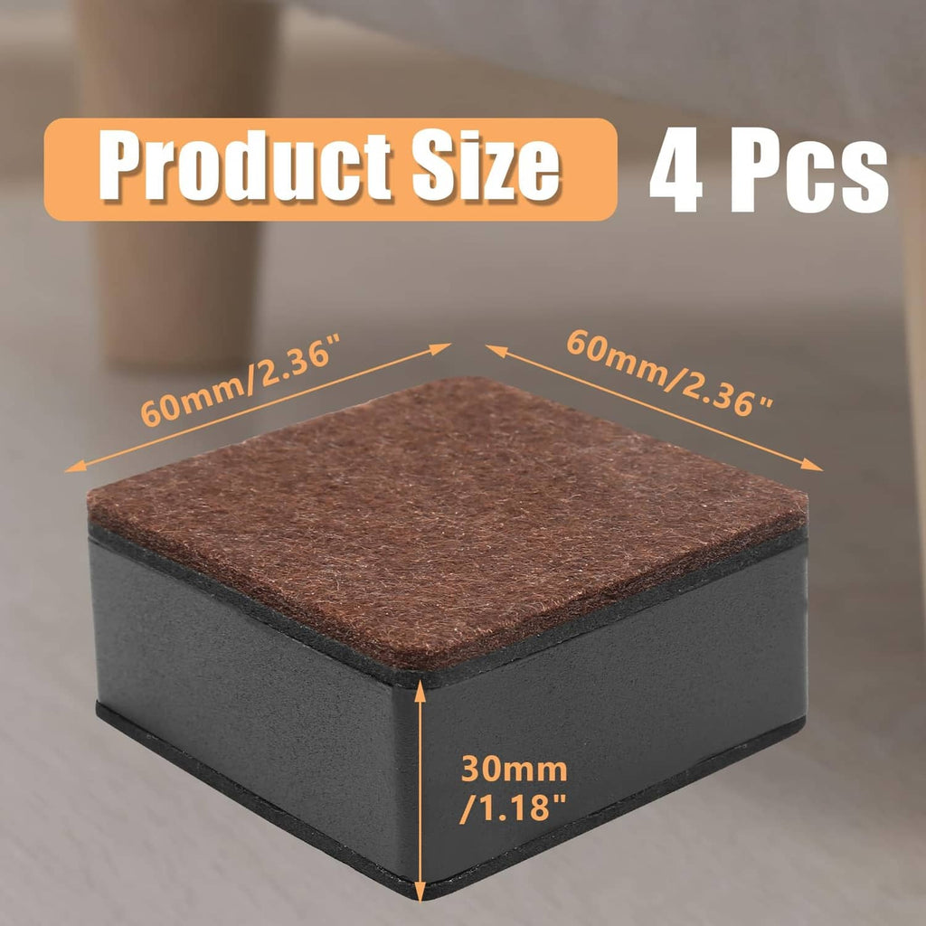 Black self-adhesive furniture foot pad with brown felt top, square corner blocker