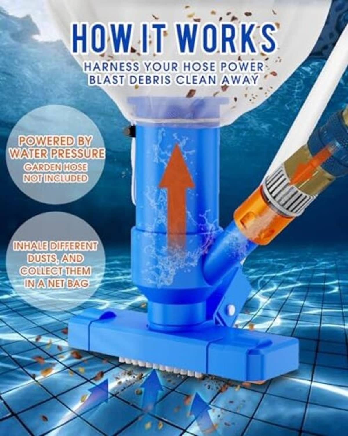Blue pool vacuum cleaner head spraying water over tiled pool floor