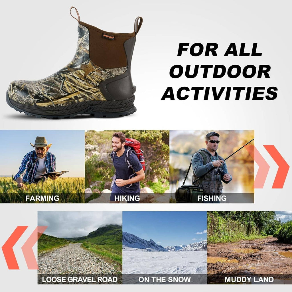 Camouflage rubber rain boots with brown elastic collar, shown for outdoor activities