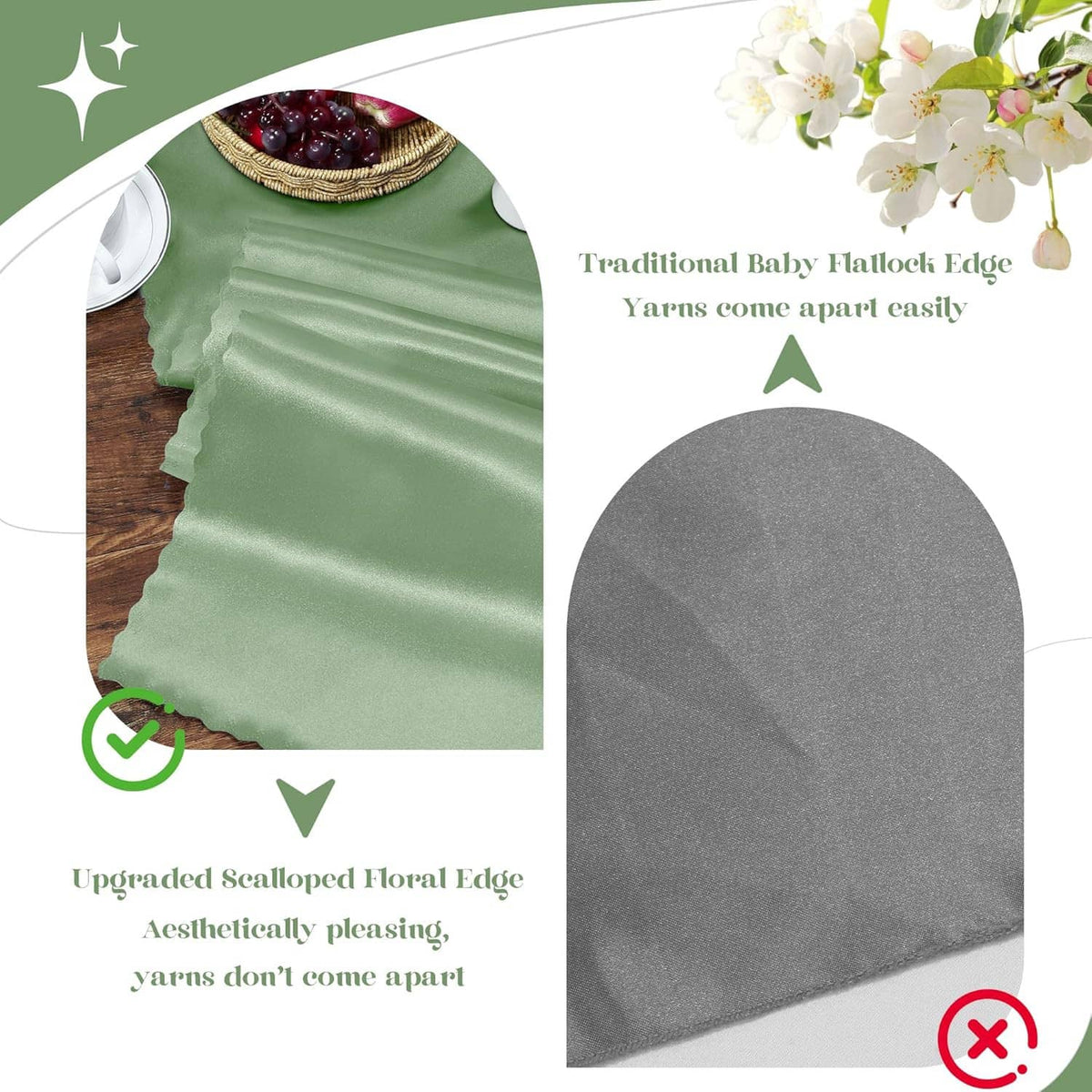 Sage green satin fabric panel illustration with scalloped edge detail