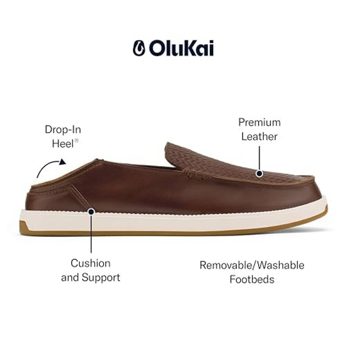 Brown leather slip-on sneaker side view with woven toe and thick white midsole