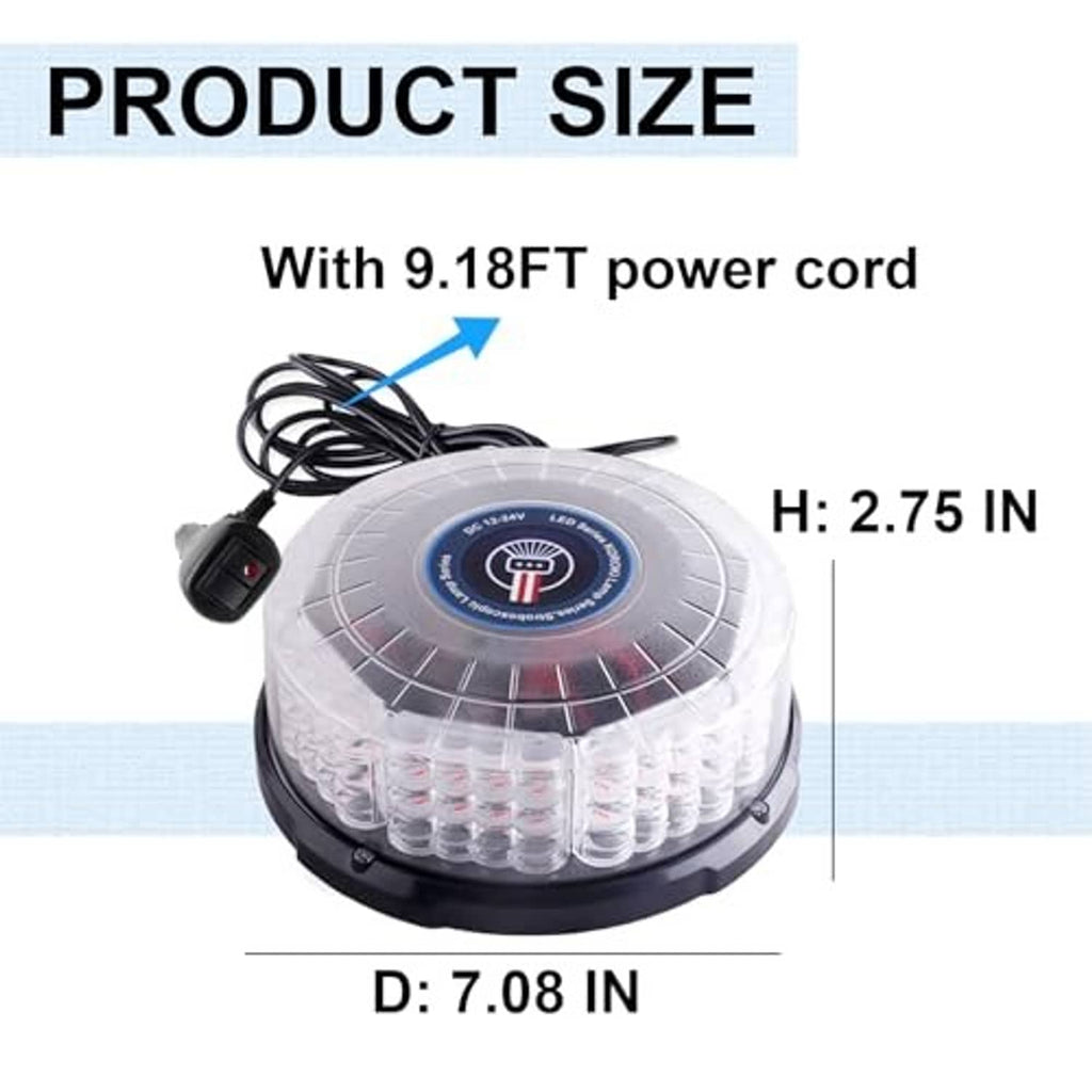 Clear LED strobe beacon light with black base and power cord, round top LED array