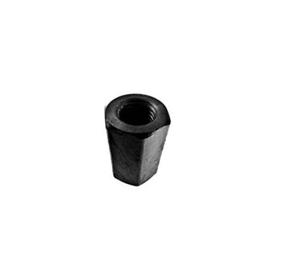 Black steel coupling nut with internal thread, hex-shaped body