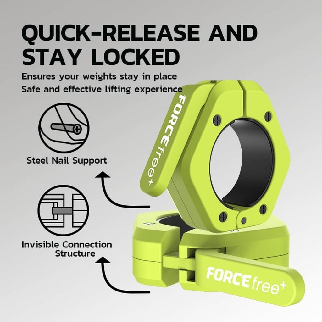 Lime green quick-release barbell clamp with black inner ring and locked bracket design