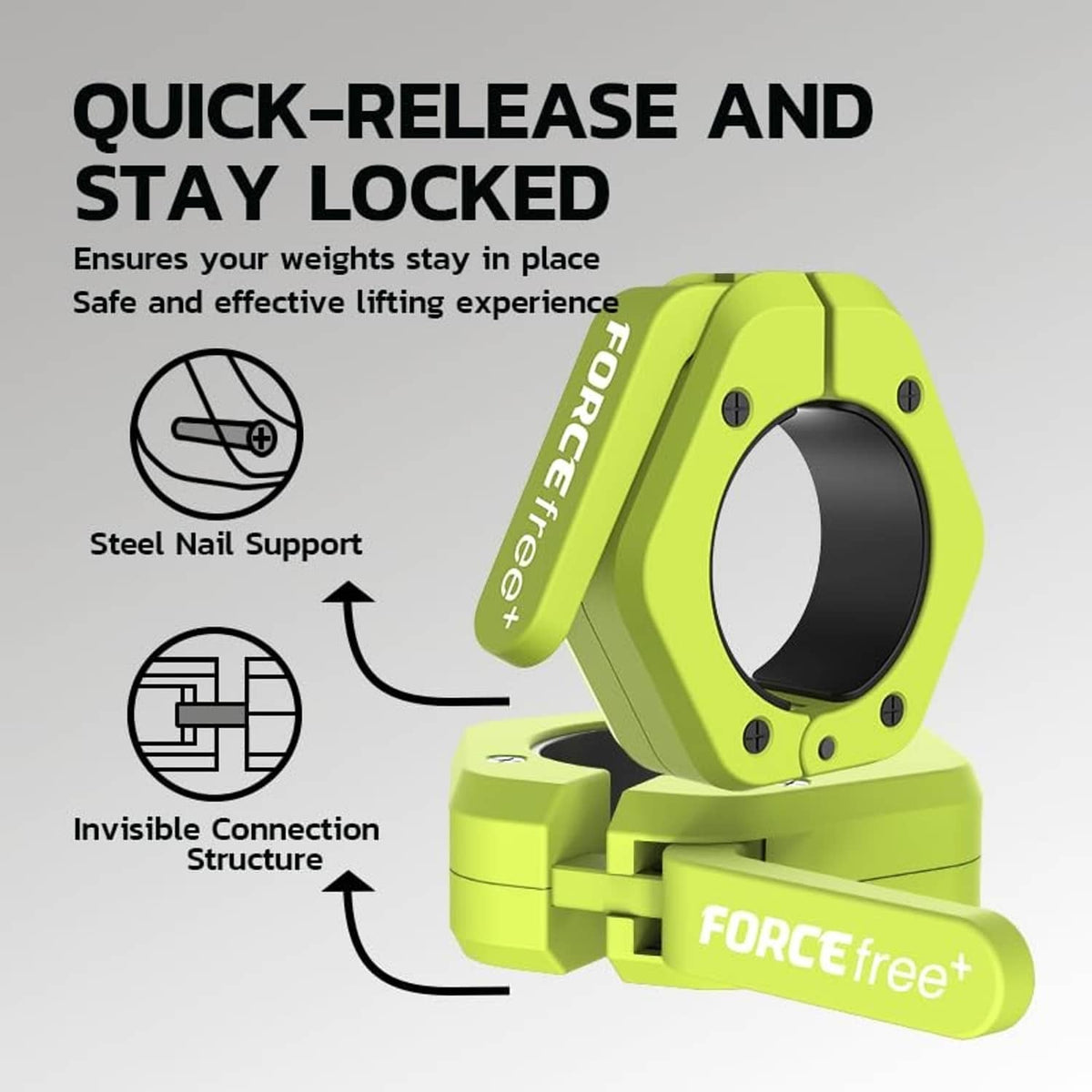 Lime green quick-release barbell clamp with black inner ring and locked bracket design