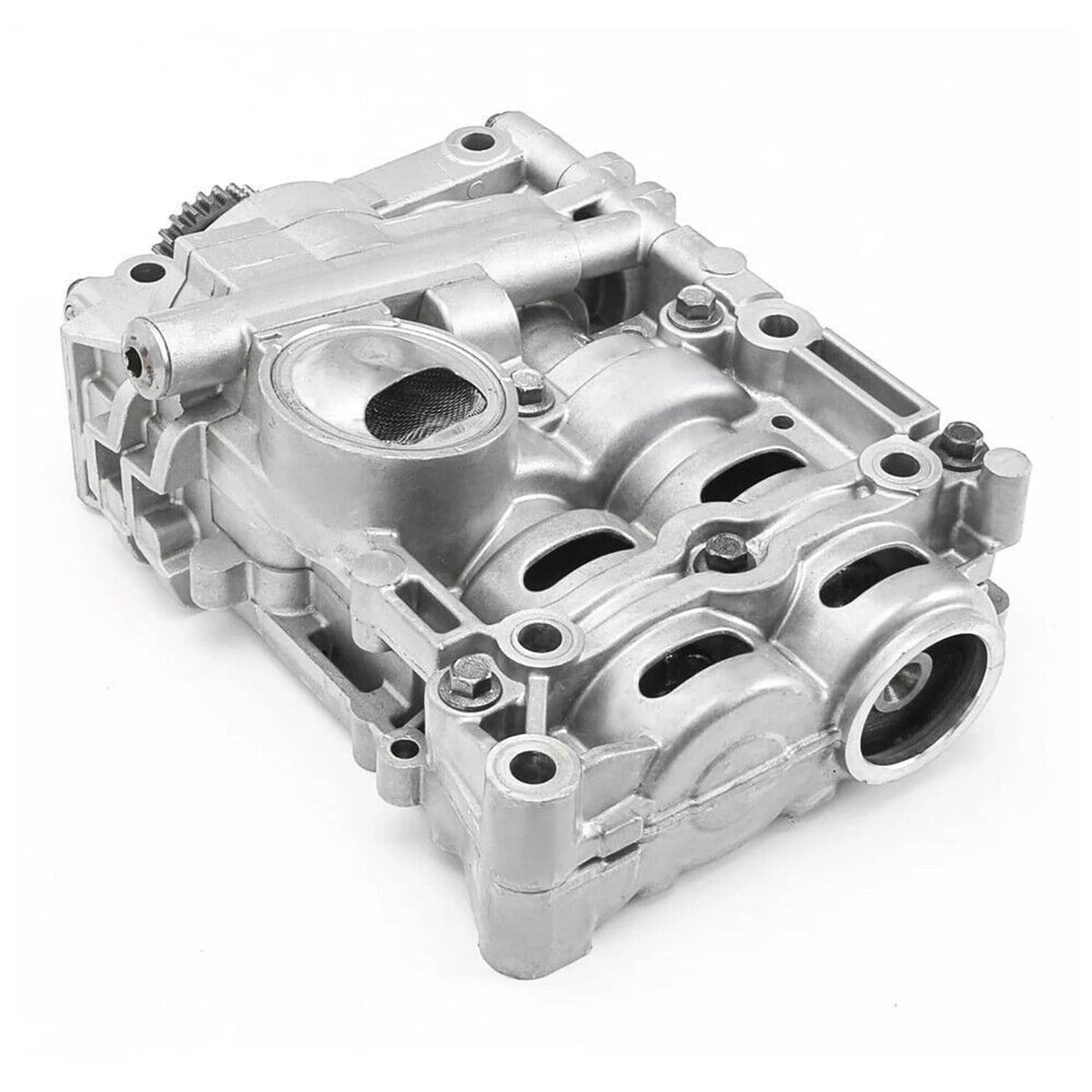 Silver oil pump assembly in angled view, showing circular inlet and bolts