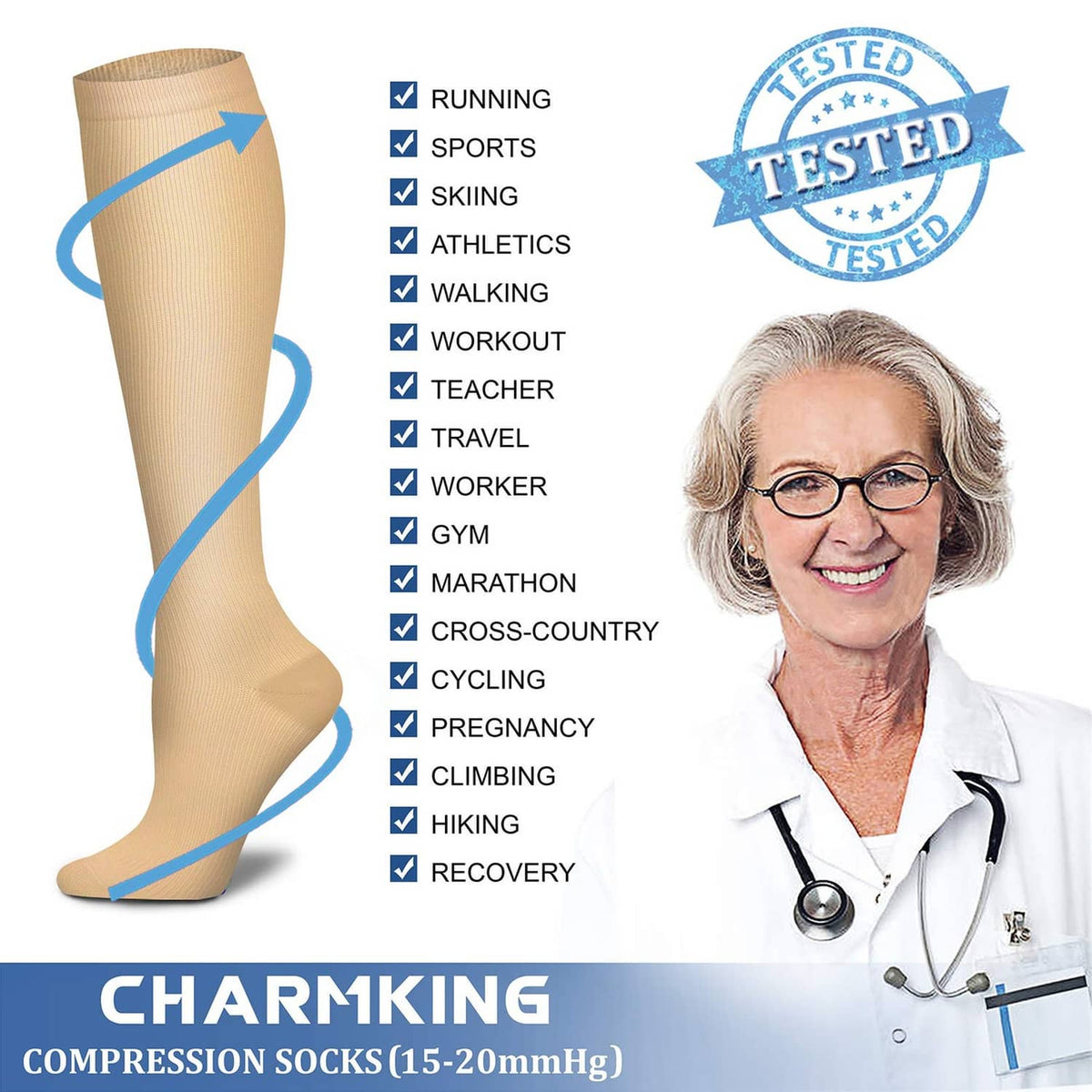 Beige compression sock illustration with tested badge and activity checklist