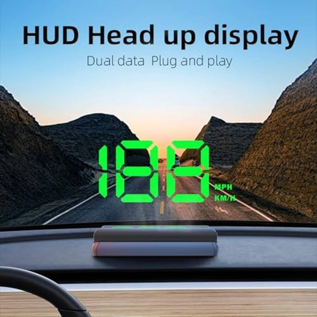 HUD head-up display with green speed digits and compact hooded housing