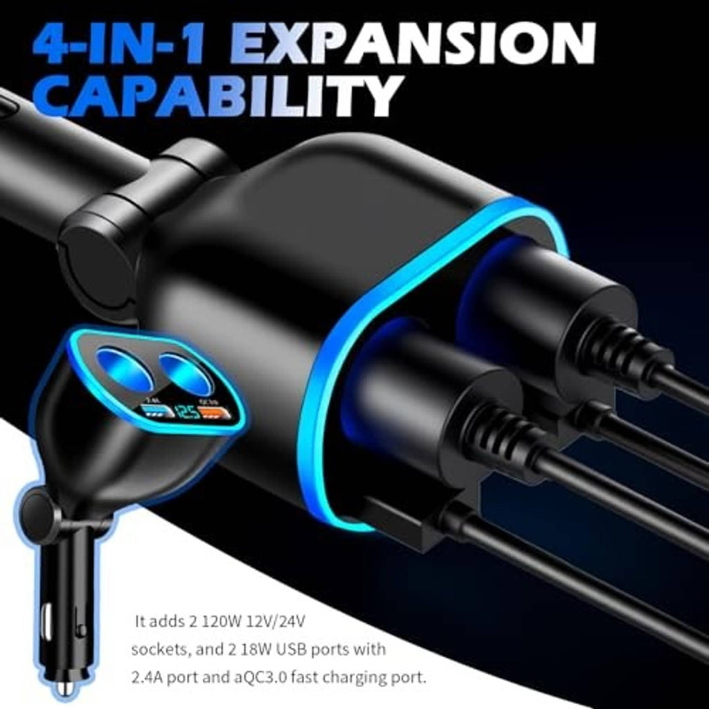 Car cigarette lighter splitter expansion with dual connectors and blue accent ring