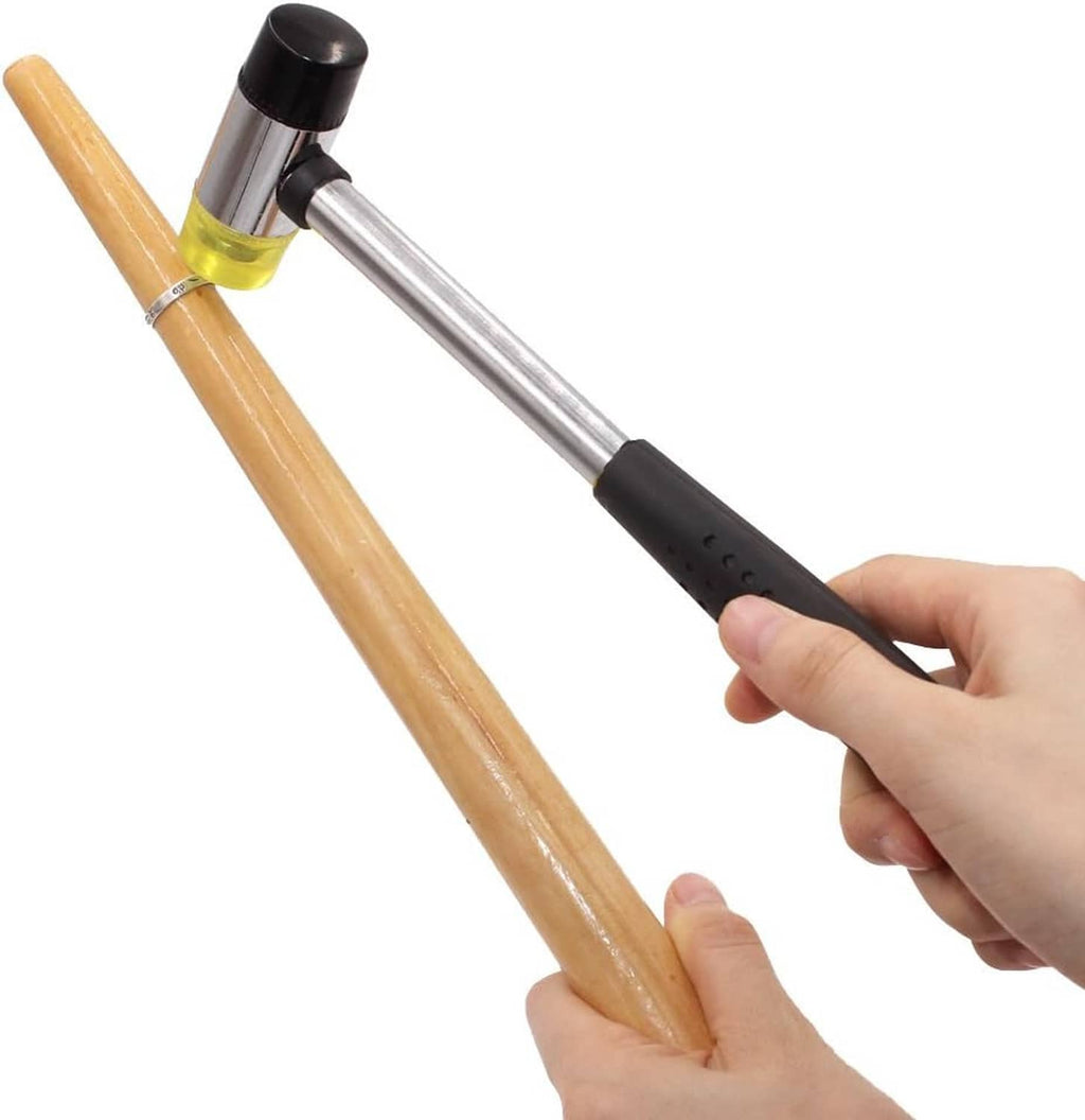 Wooden mandrel with rubber mallet head and black textured handle grip