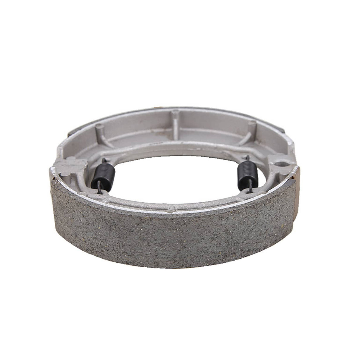 Rear brake shoes set with curved metal backing plate and brake lining segments