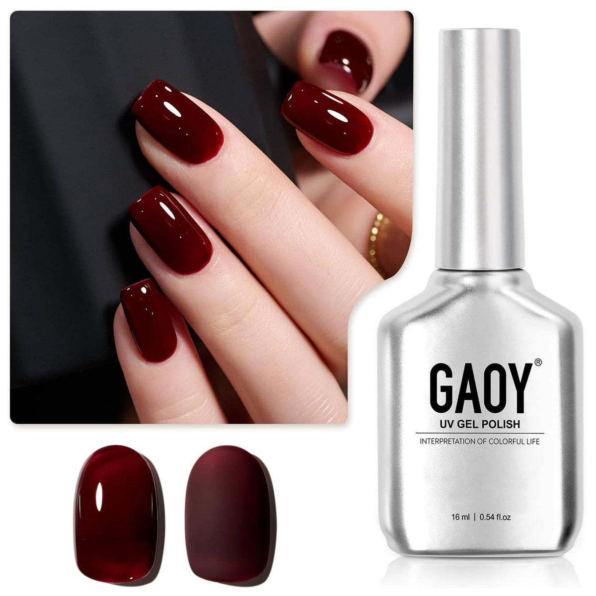 Dark red gel polish on nails with GAOY UV gel polish bottle; glossy rounded finish.