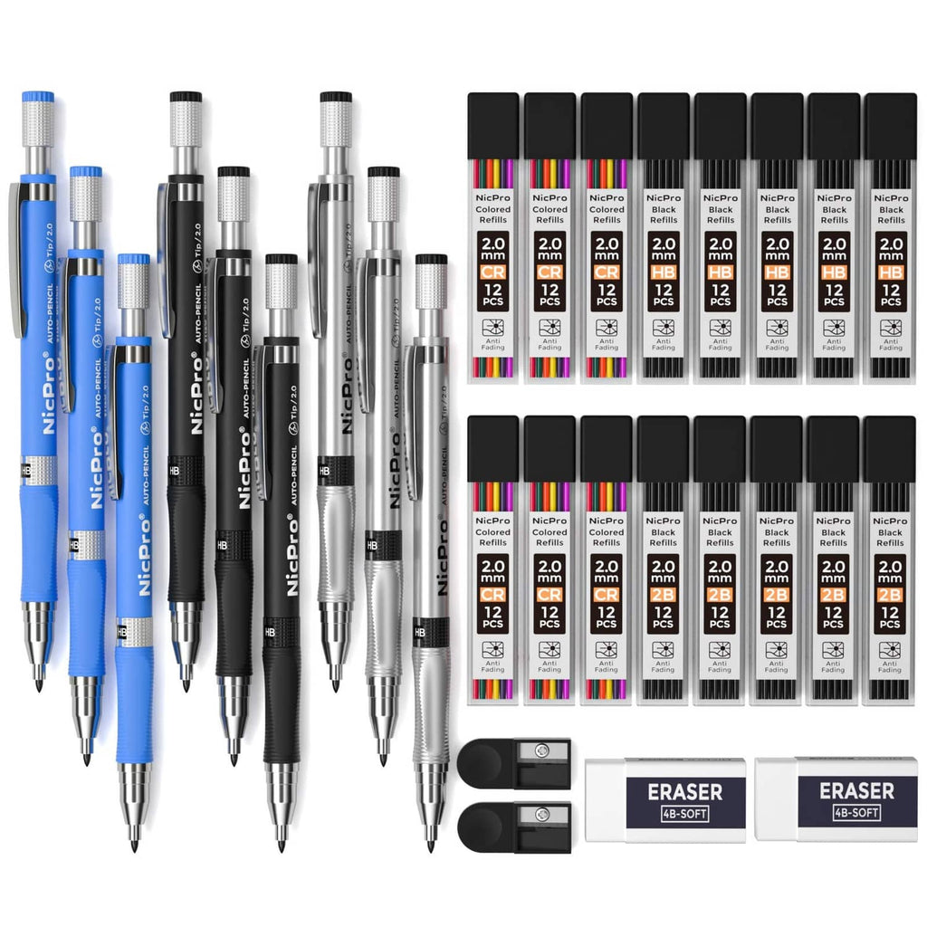 Mechanical pencil set with blue and black barrels, multiple lead holders, and erasers
