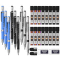 Mechanical pencil set with blue and black barrels, multiple lead holders, and erasers