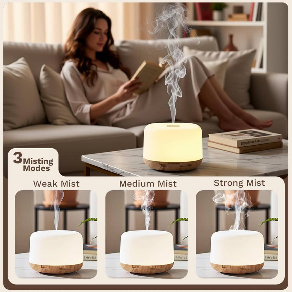 Ultrasonic essential oil diffuser with warm light, producing a steady mist cloud