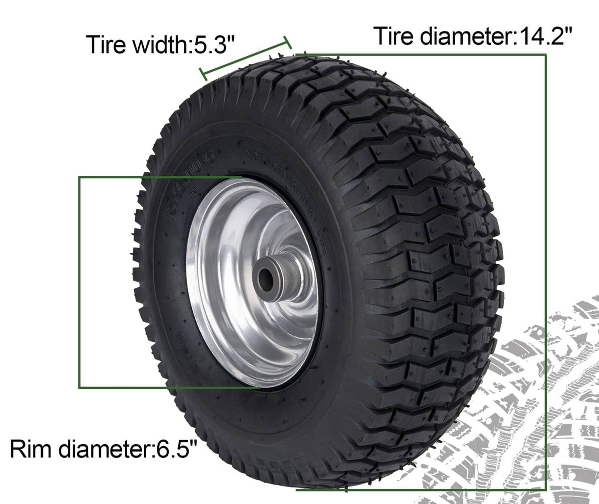 Single black lawn mower tire with silver rim and deep, block tread