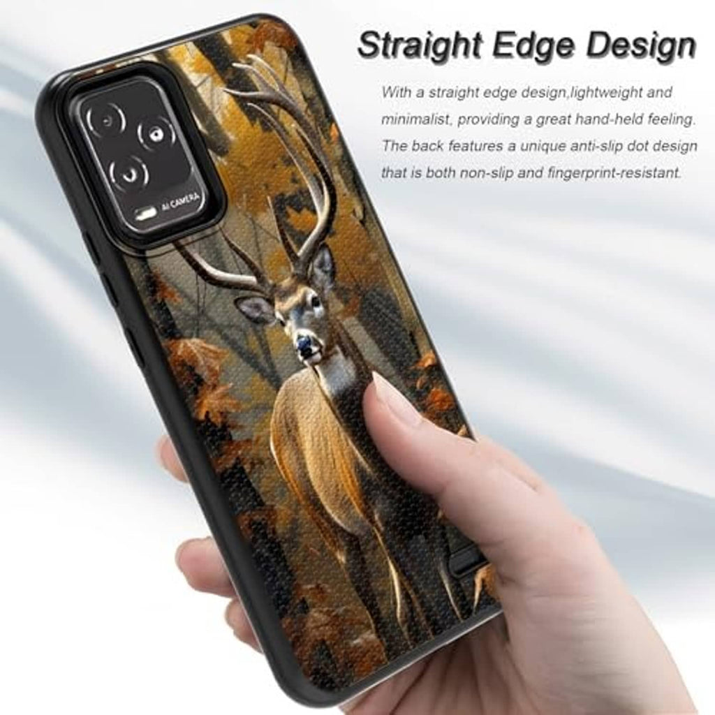 Rugged deer camouflage phone case with non-slip back texture and camera cutout, black.