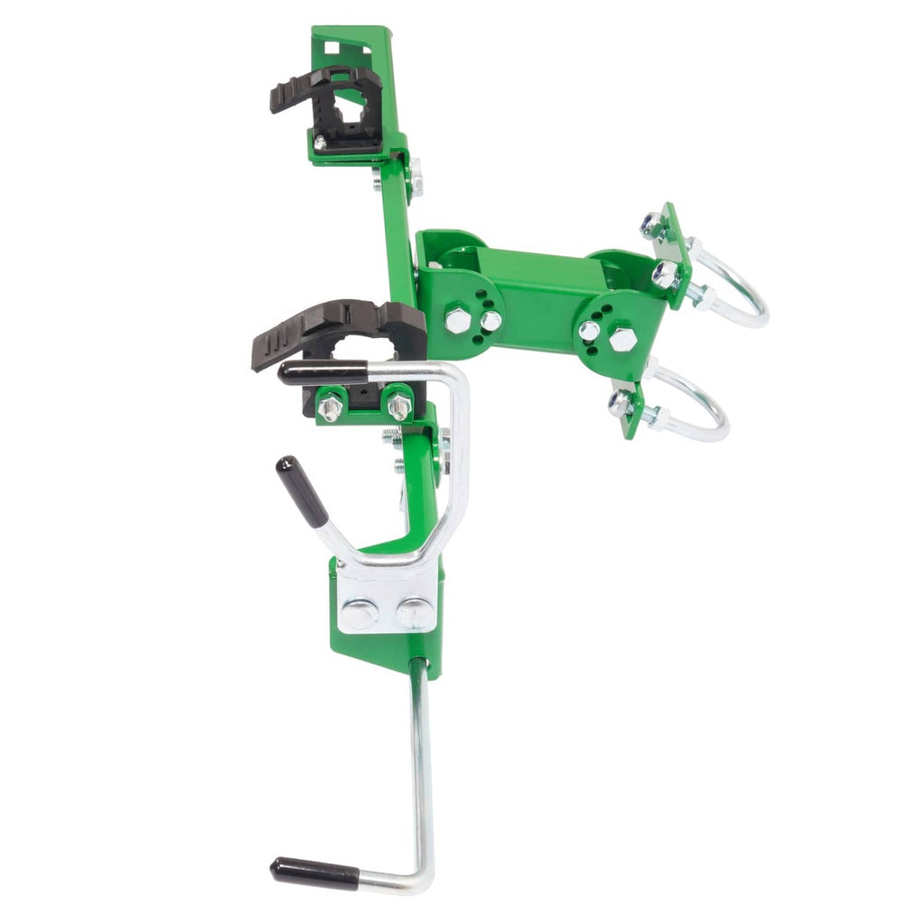 Green clamp assembly with U-shaped steel brackets and adjustment levers