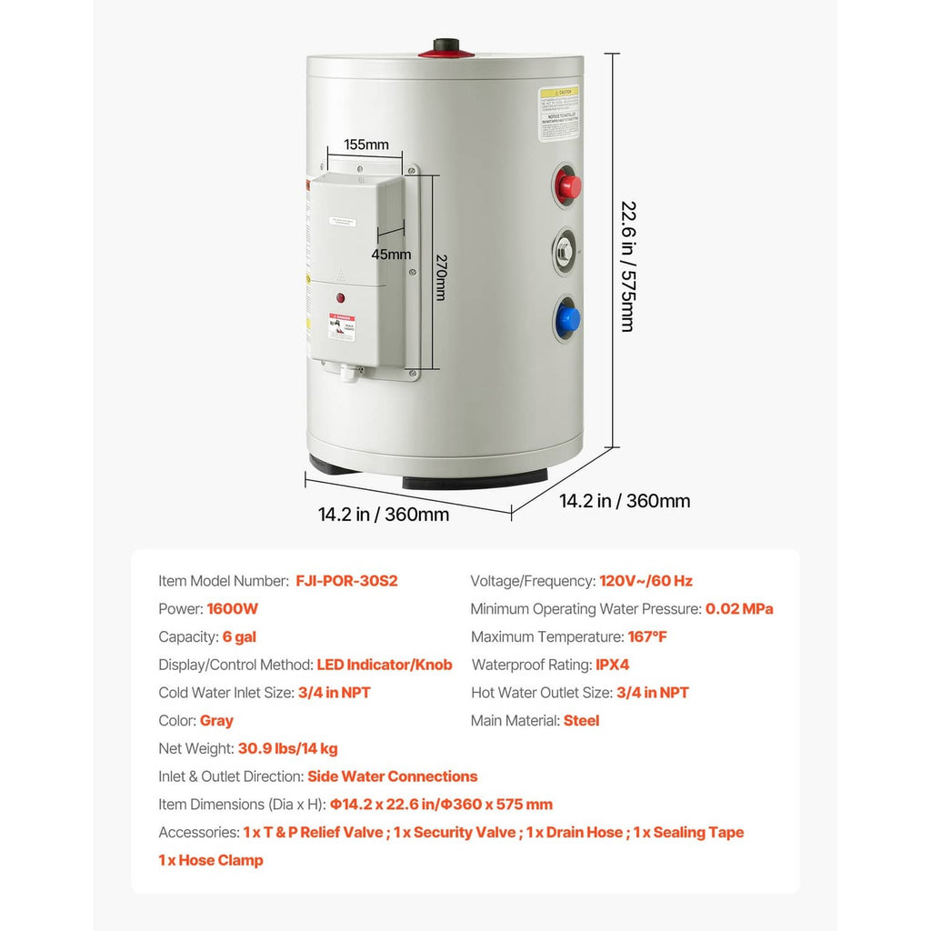 Compact electric water heater with dimensions and control panel, side view