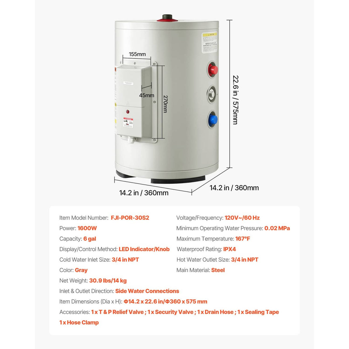 Compact electric water heater with dimensions and control panel, side view