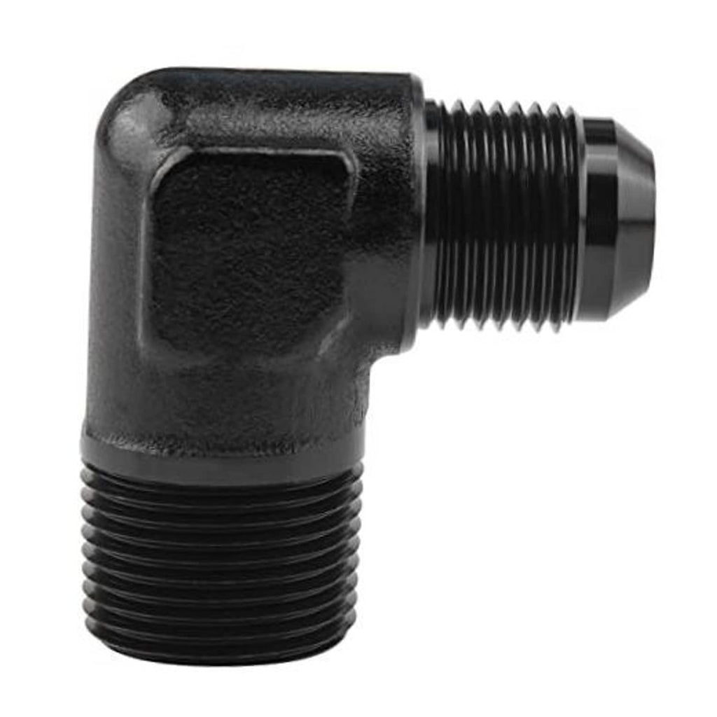 Black 90-degree elbow fitting adapter with male threads for 10AN and 3/4 NPT