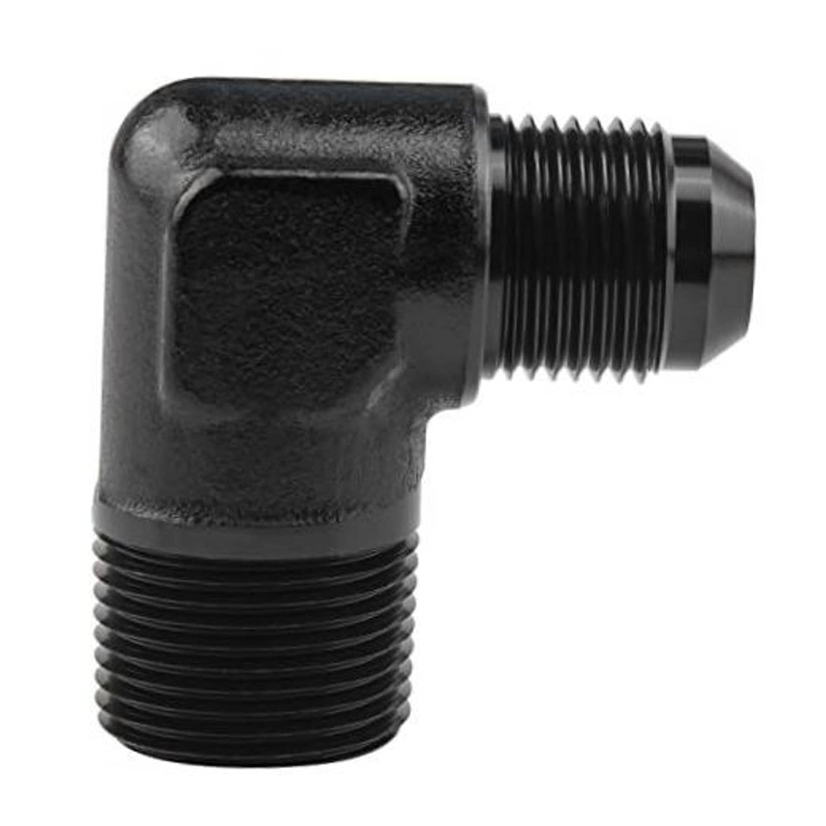 Black 90-degree elbow fitting adapter with male threads for 10AN and 3/4 NPT