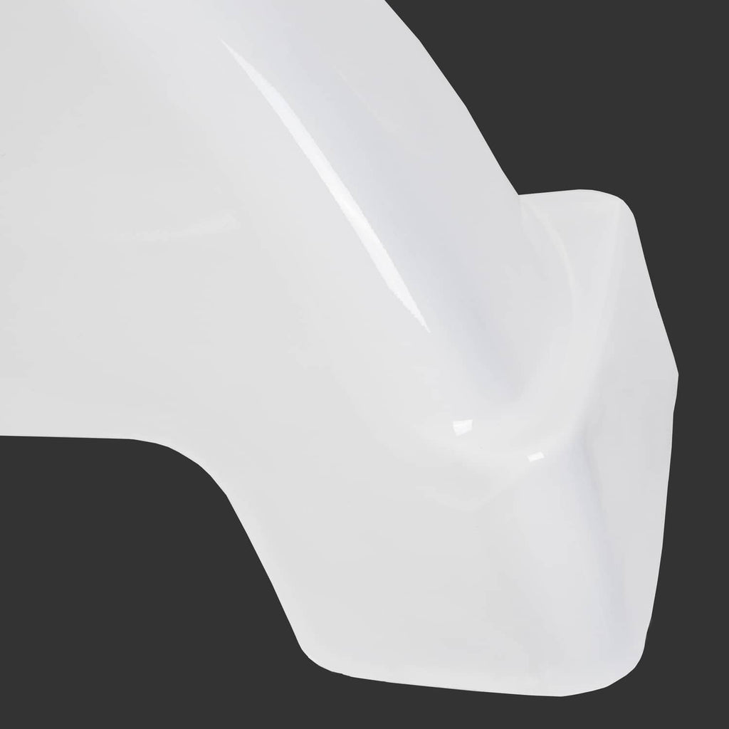 White plastic trailer fender end cap with smooth rounded contour
