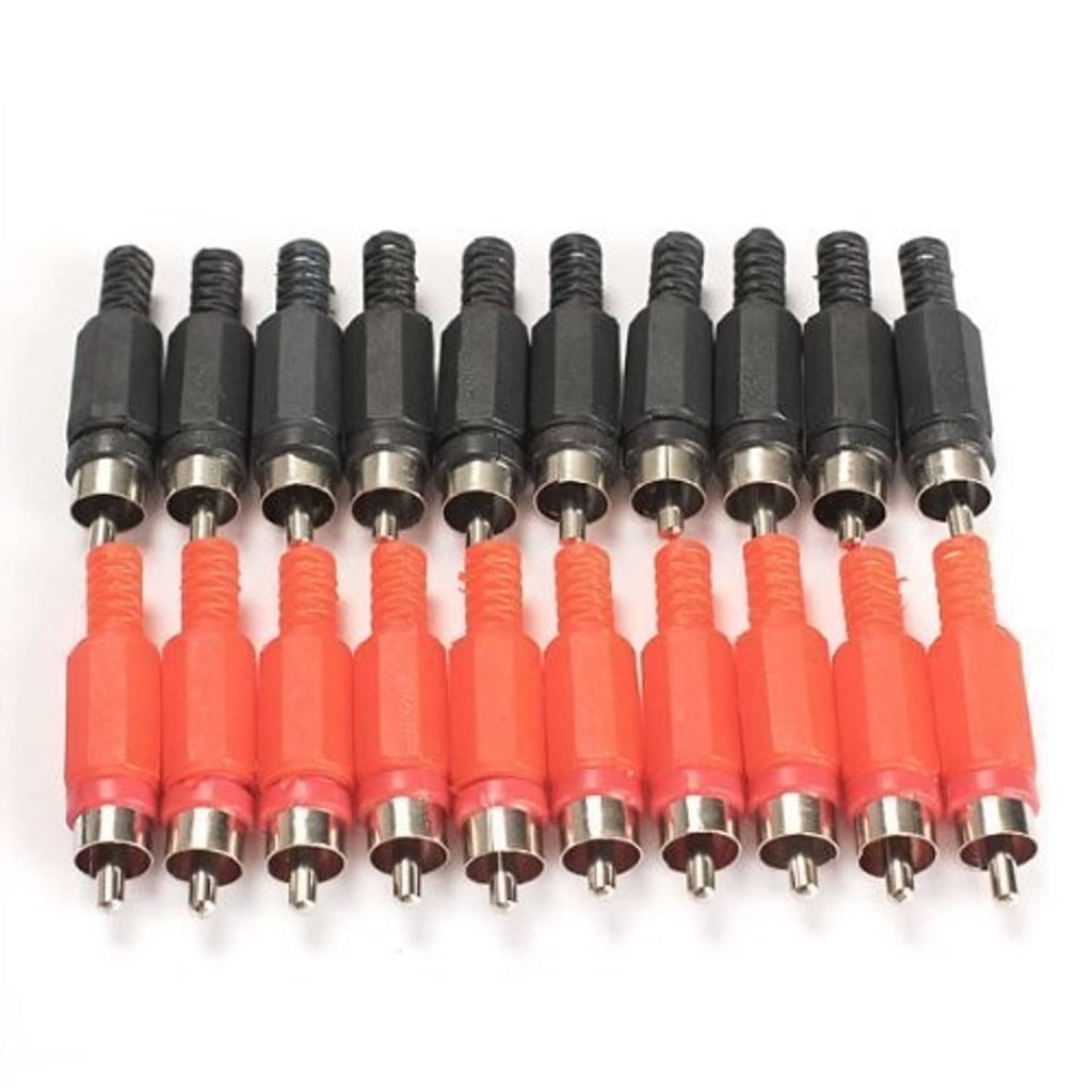RCA male plug adapters, black bodies with red tips, 20-pack