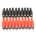 RCA male plug adapters, black bodies with red tips, 20-pack