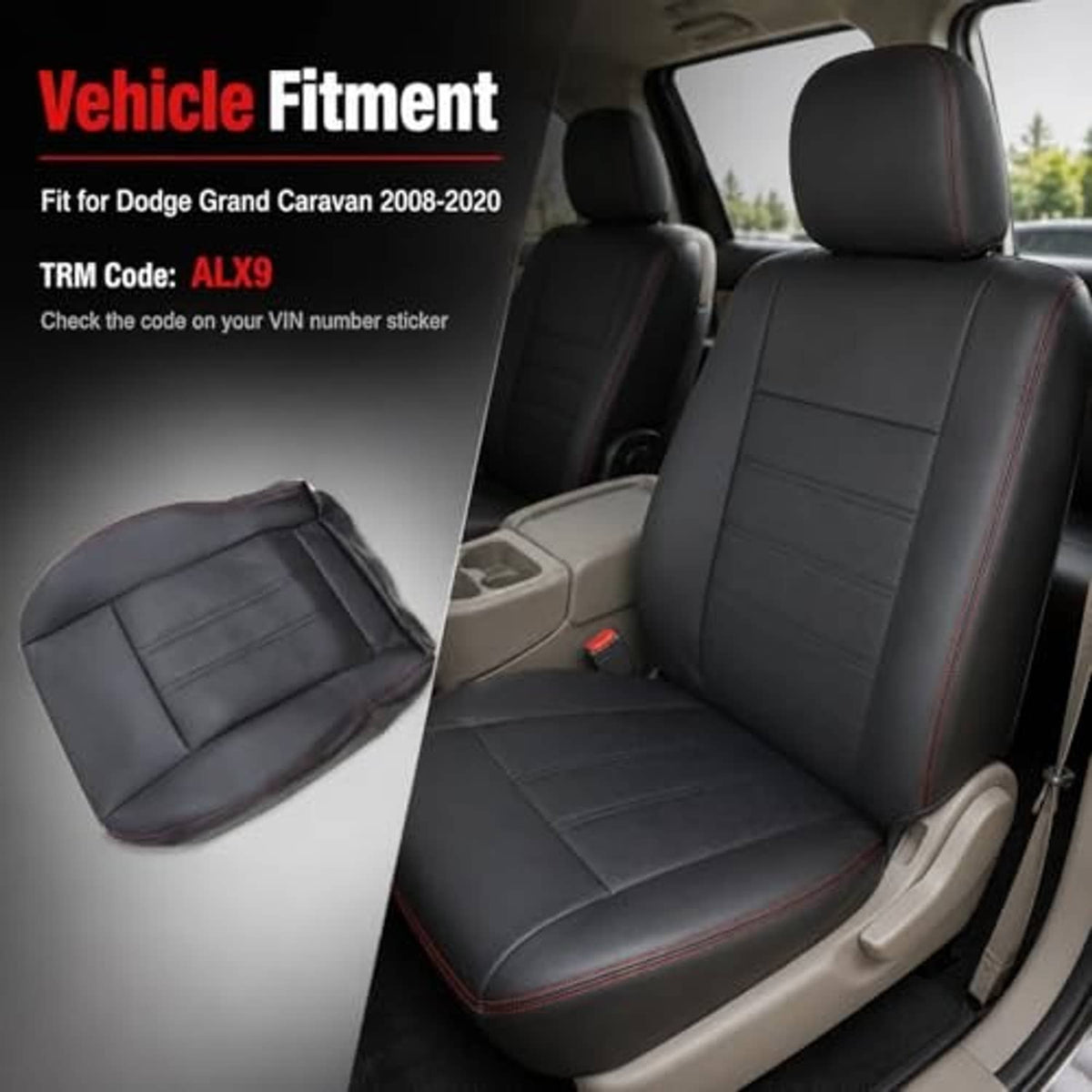 Front seat cover replacement set with black leather look, red piping, and perforated center.