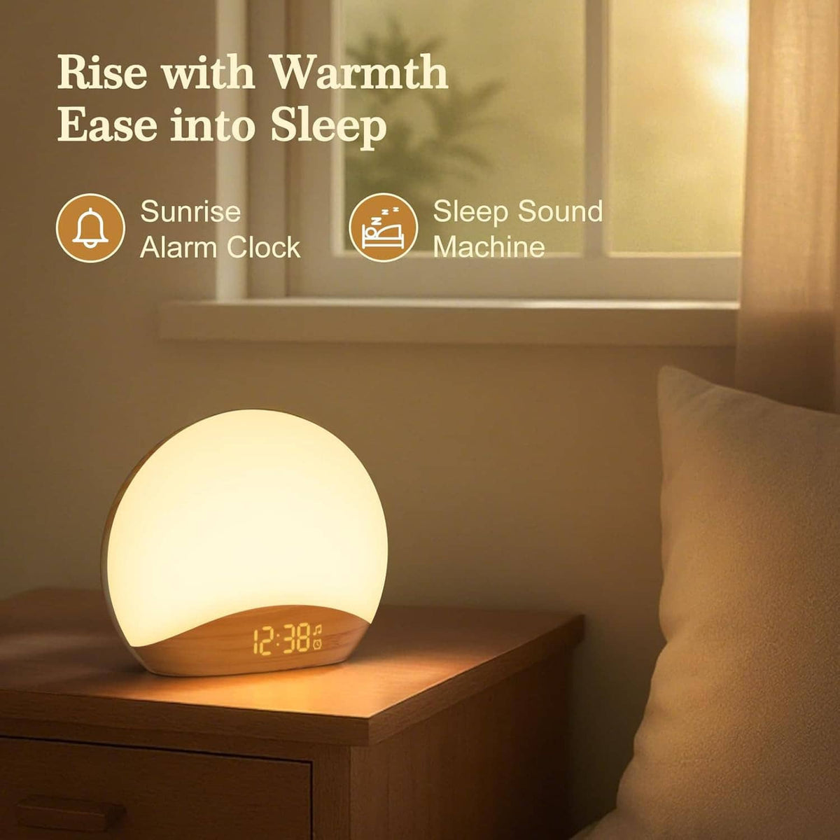 Wood grain sunrise alarm clock nightlight with warm glow and digital display