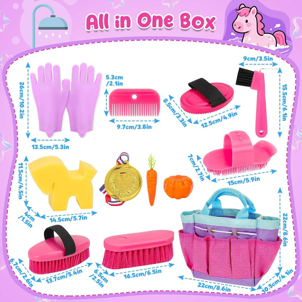 All-in-one box of pink horse grooming tools with multiple brushes, combs, and tote