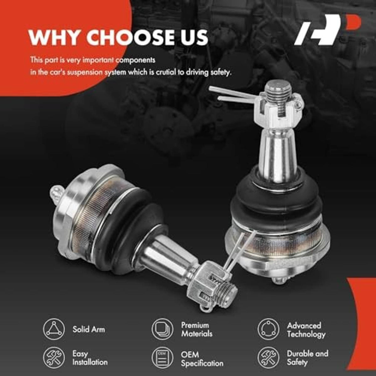 Two chrome upper ball joints with black dust boots and mounting studs