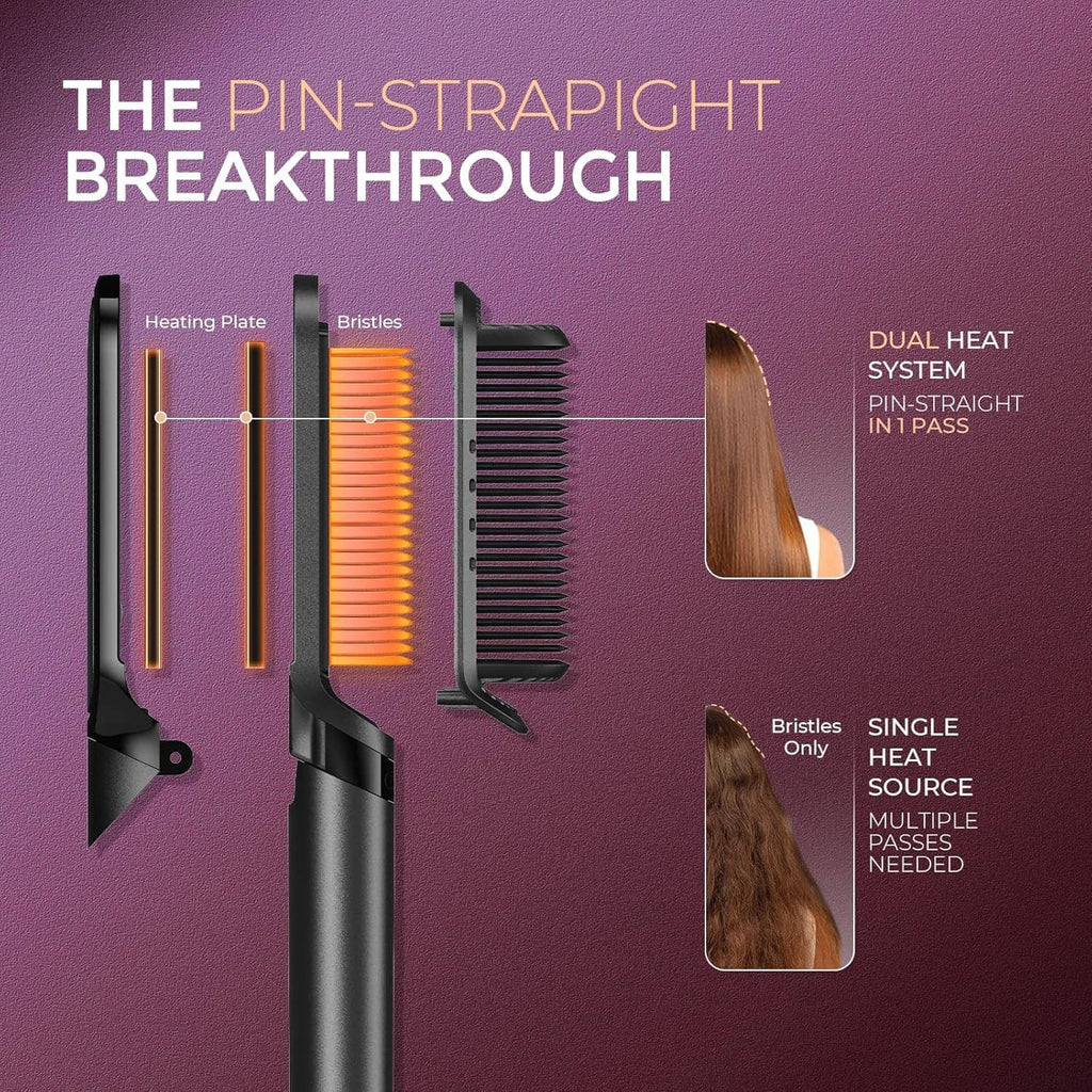 Dual heat 2-in-1 hair straightener brush showing heating plates and bristles