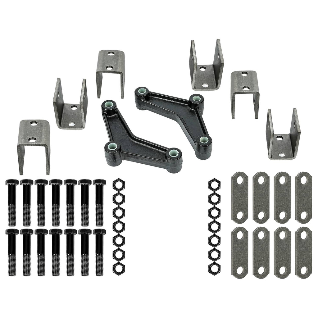 Leaf spring hanger kit with black U-link, metal brackets, bolts, spring washers, and plates