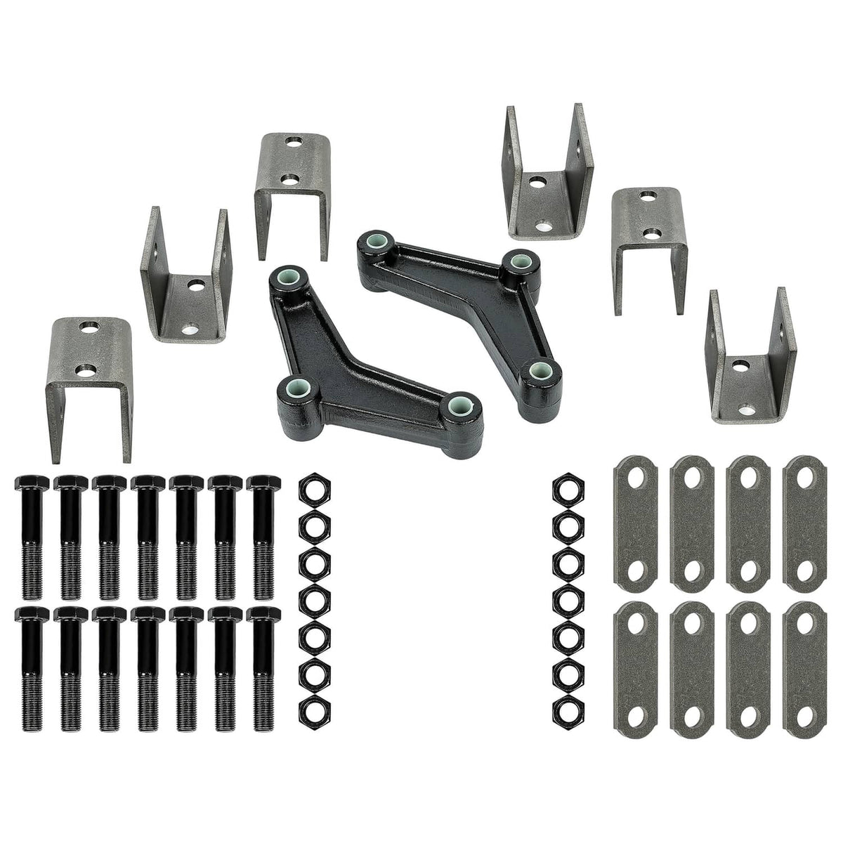 Leaf spring hanger kit with black U-link, metal brackets, bolts, spring washers, and plates